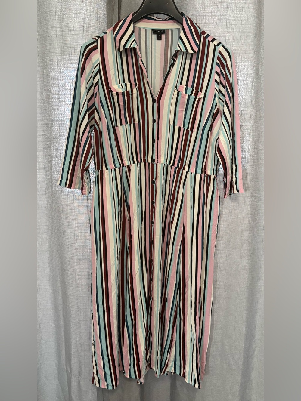 Torrid Midi Stretch Challis Button-Front Shirt Dress Multi-Stripe Plus Size